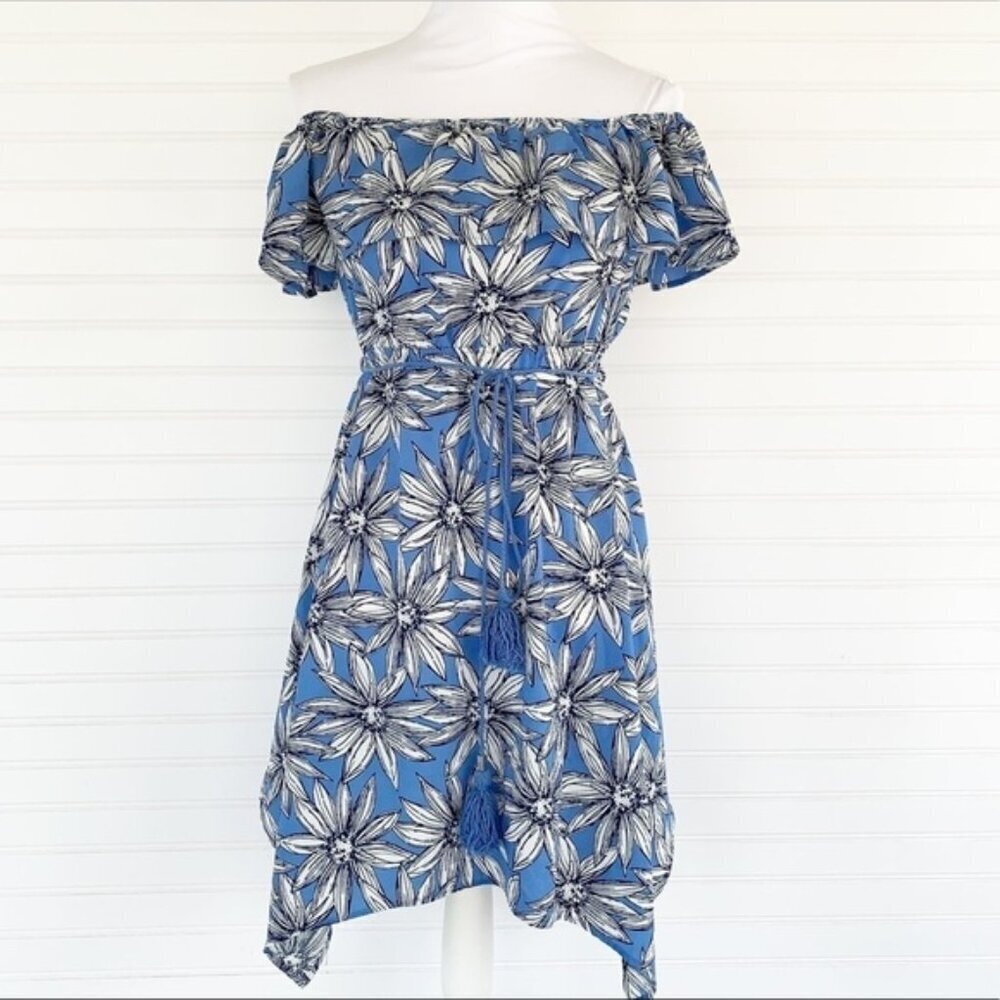 Charlotte Russe Dress XS Blue Floral Off Shoulder Handkerchief Hem Tassel Belt